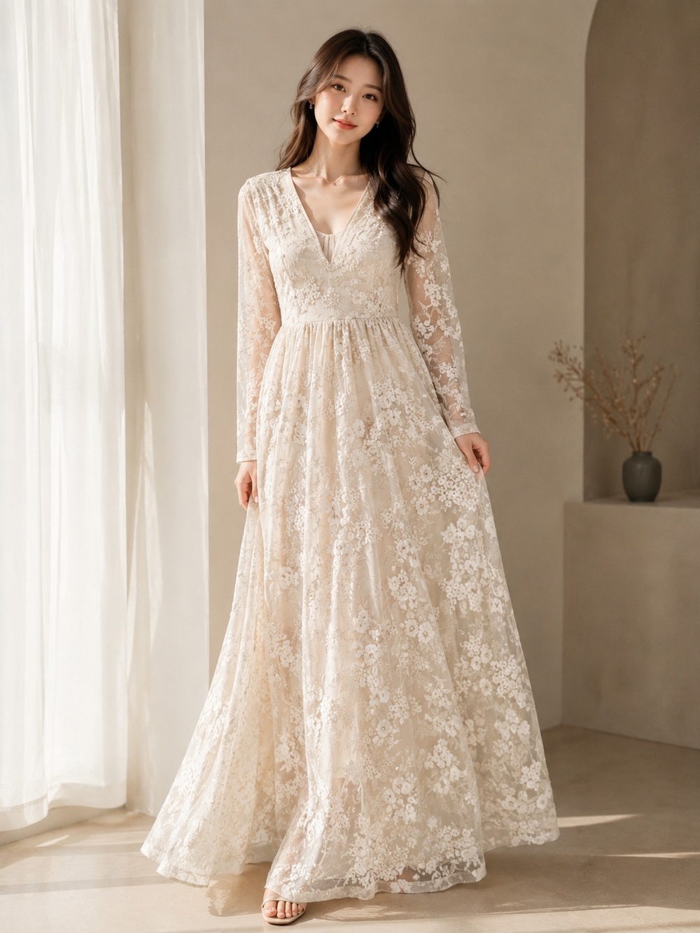 Ivory Lace V-Neck Maxi Dress with Long Sleeves